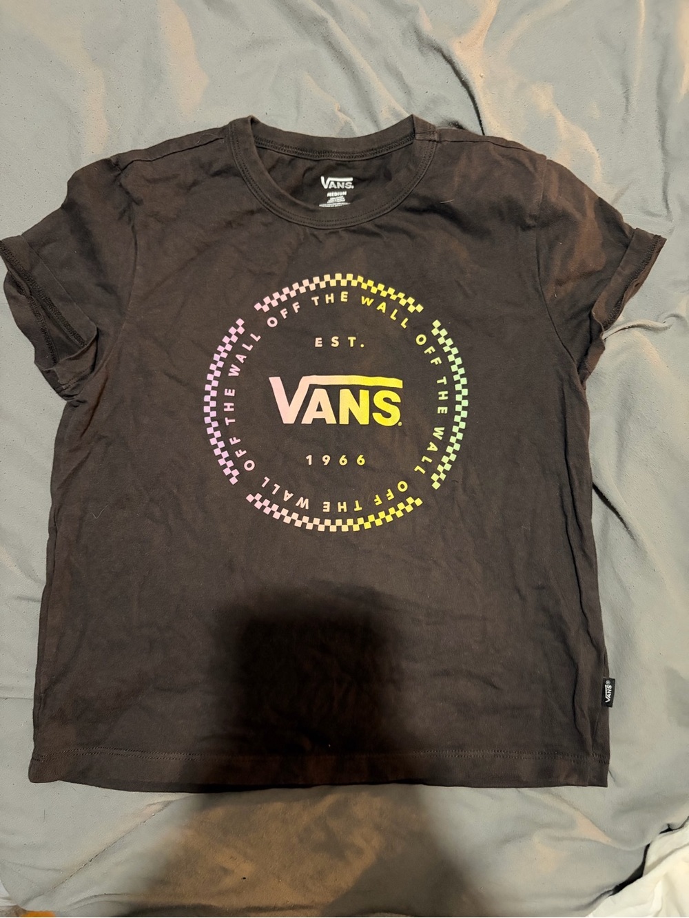 Vans Black Tee with Pastel Rainbow Logo